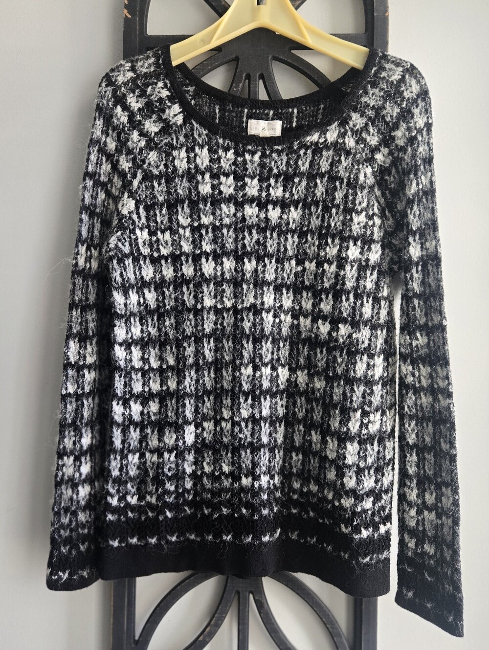 Lou & Grey Black and White Houndstooth Crewneck Sweater Alpaca Wool Medium